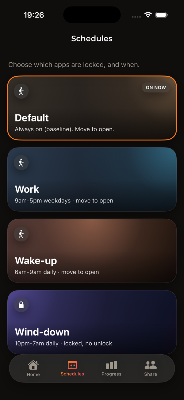 GAINTIME schedules screen: Default on now, plus Work, Wake-up and Wind-down
