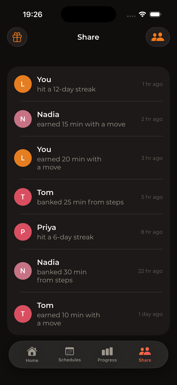 GAINTIME share feed: friends earning minutes and hitting streaks